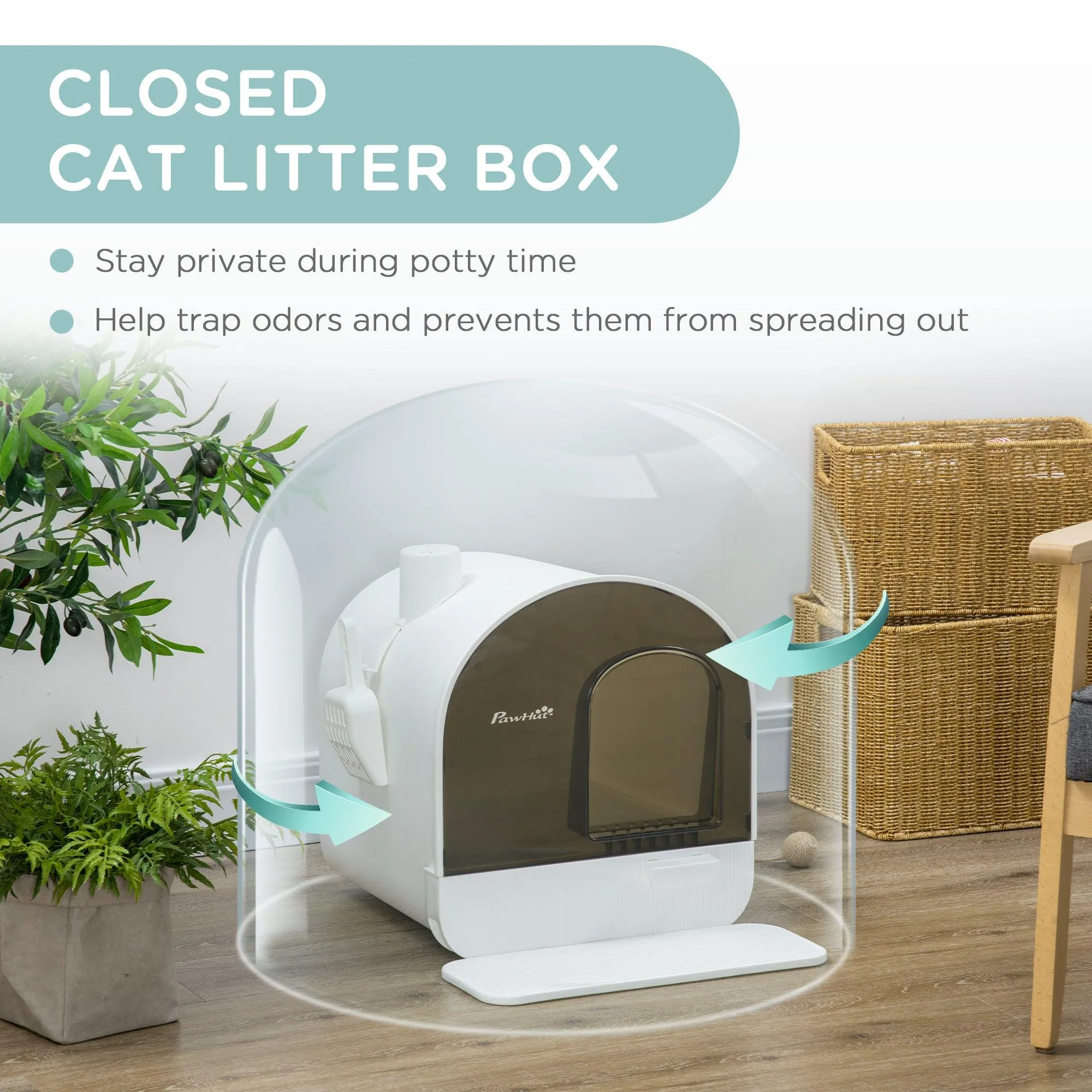 Hooded Cat Litter Box with Lid, Scoop, Flap Door - White