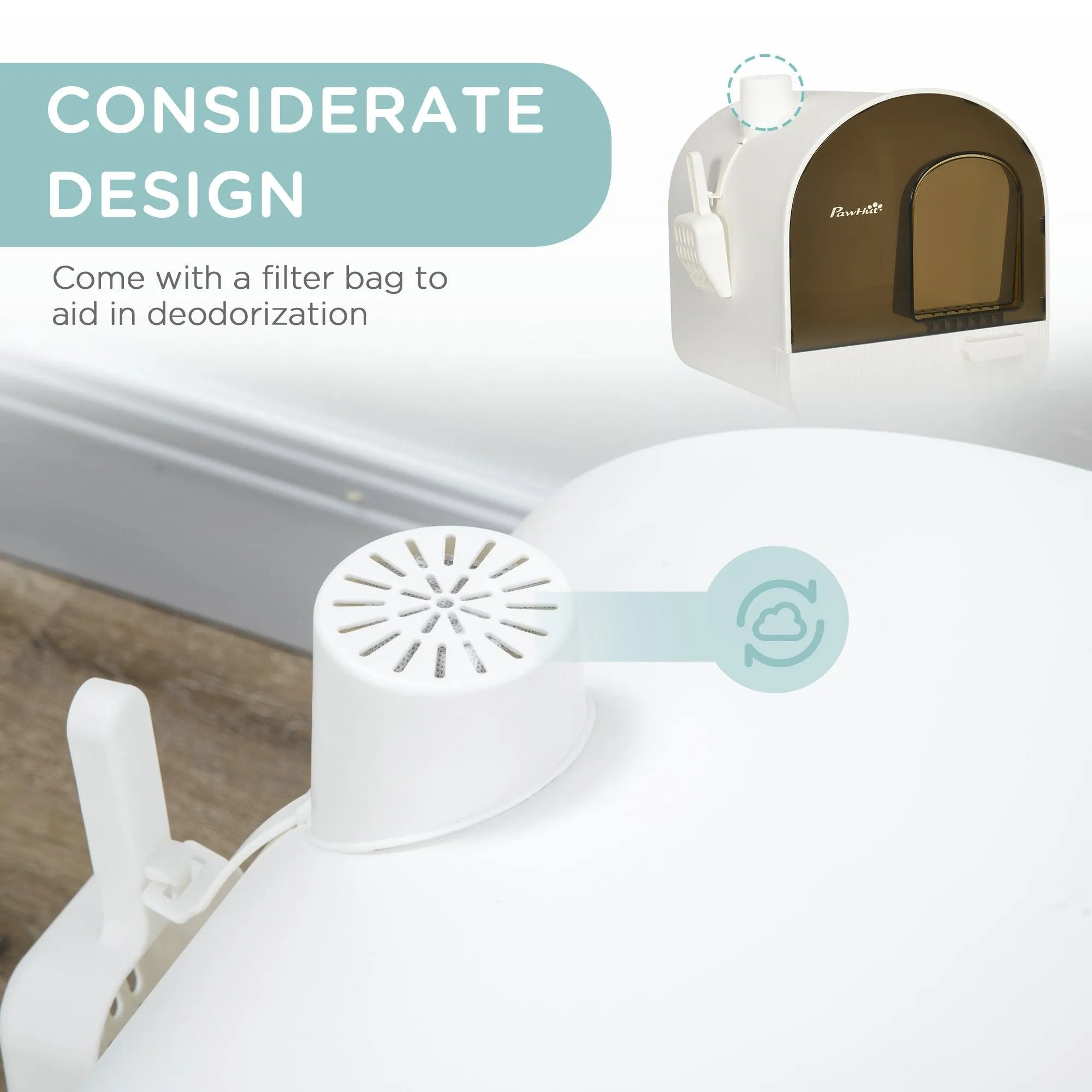 Hooded Cat Litter Box with Lid, Scoop, Flap Door - White