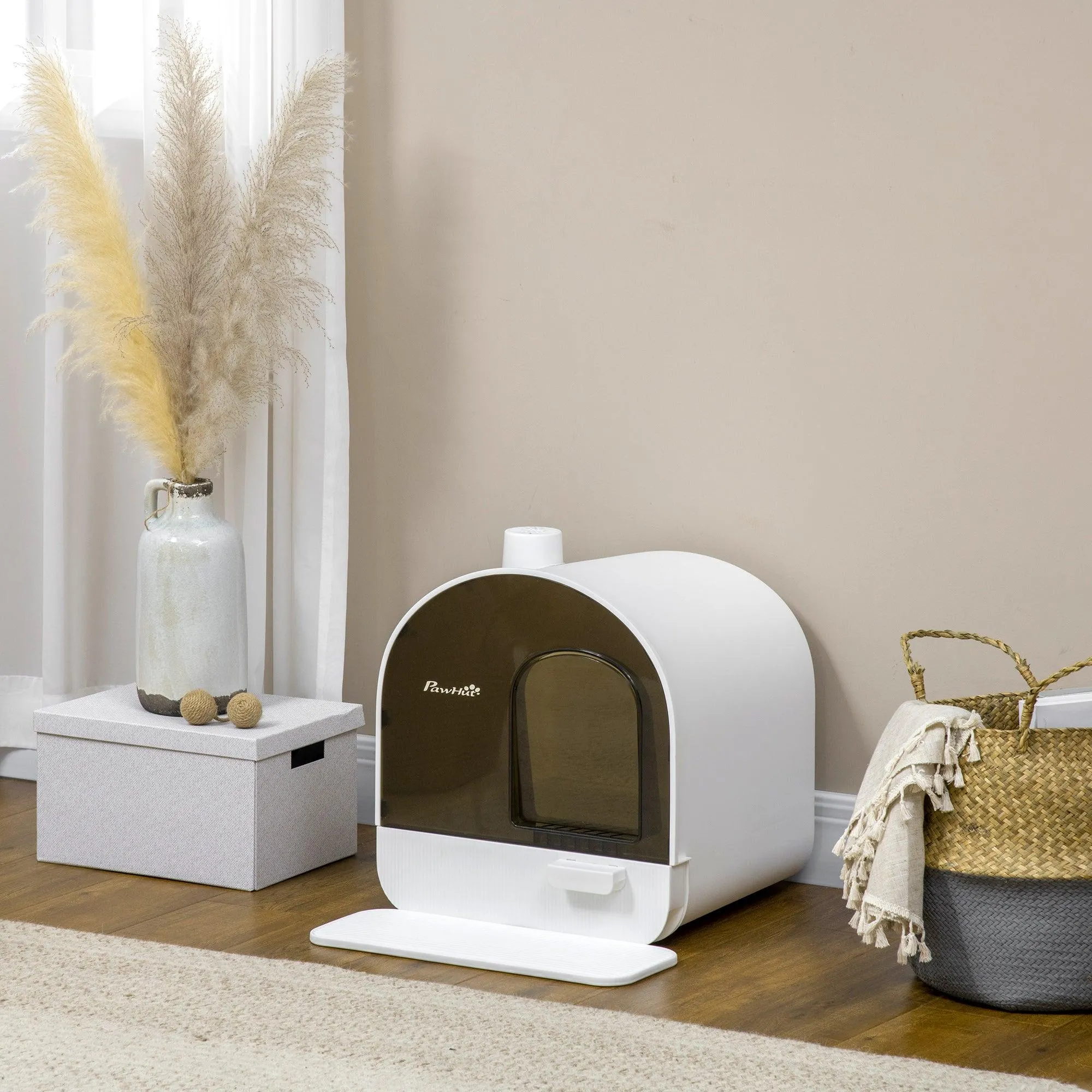 Hooded Cat Litter Box with Lid, Scoop, Flap Door - White