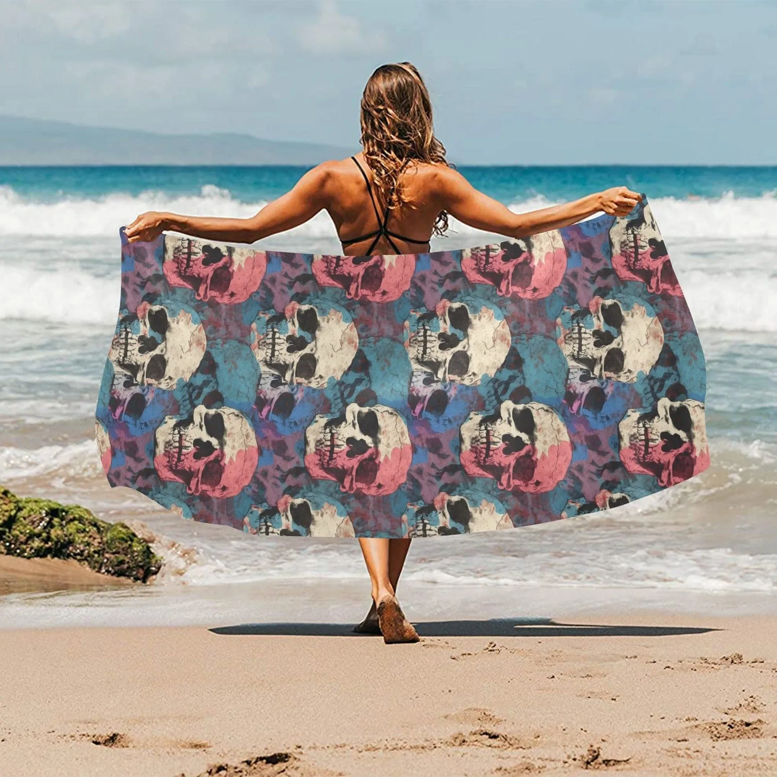 Introducing the stunning Blue Pink White Skulls Beach Towel - perfect for beach days and poolside lounging!