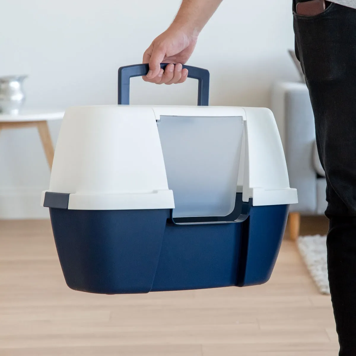 Large Hooded Corner Litter Box with Scoop, Navy