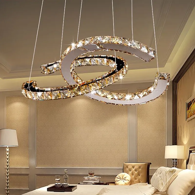 LED Pendant Chandelier: Minimalistic Crystal C Shape, Stainless Steel Ceiling Light