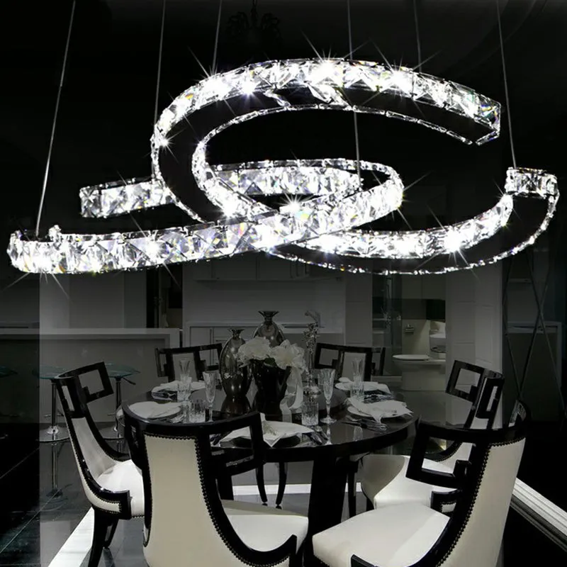 LED Pendant Chandelier: Minimalistic Crystal C Shape, Stainless Steel Ceiling Light