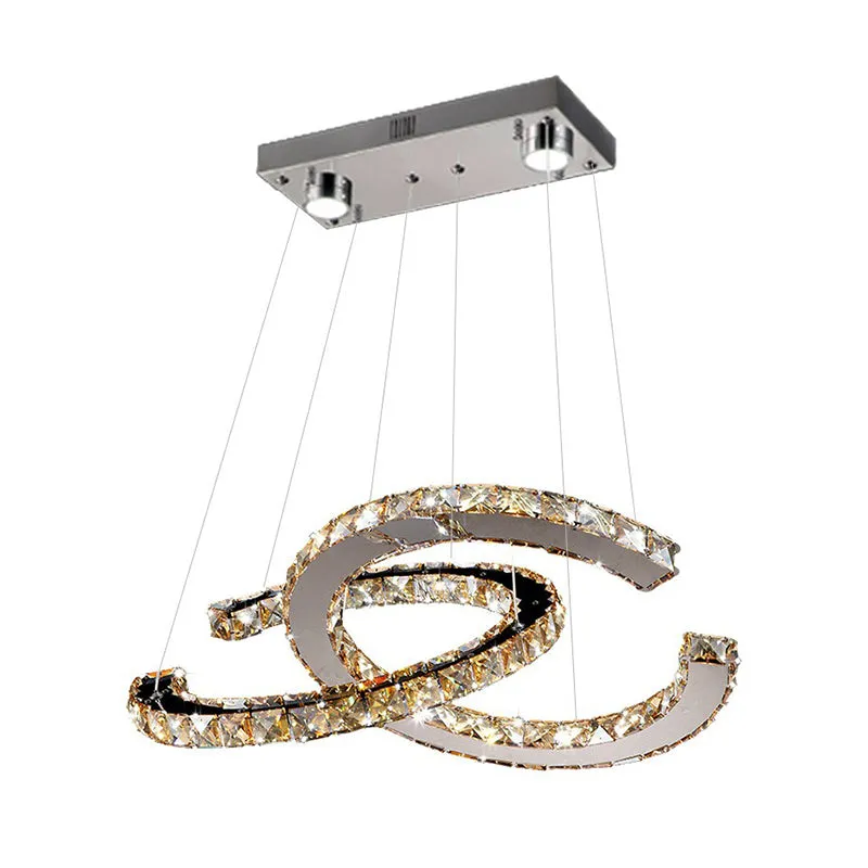 LED Pendant Chandelier: Minimalistic Crystal C Shape, Stainless Steel Ceiling Light