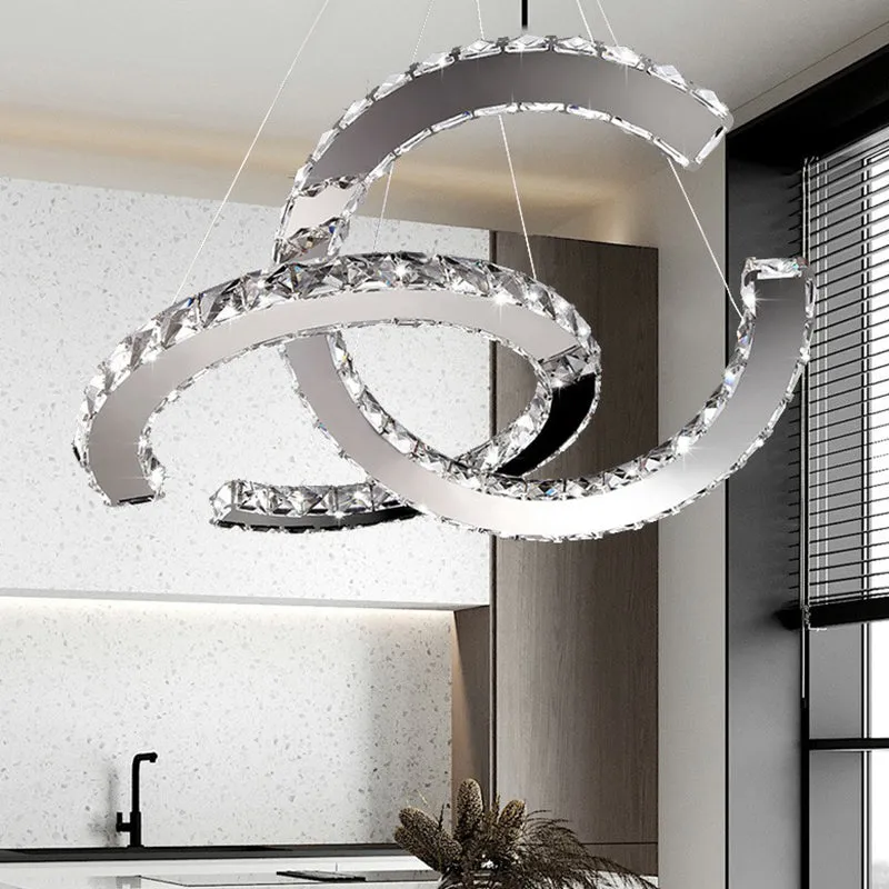LED Pendant Chandelier: Minimalistic Crystal C Shape, Stainless Steel Ceiling Light