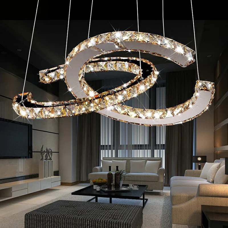 LED Pendant Chandelier: Minimalistic Crystal C Shape, Stainless Steel Ceiling Light