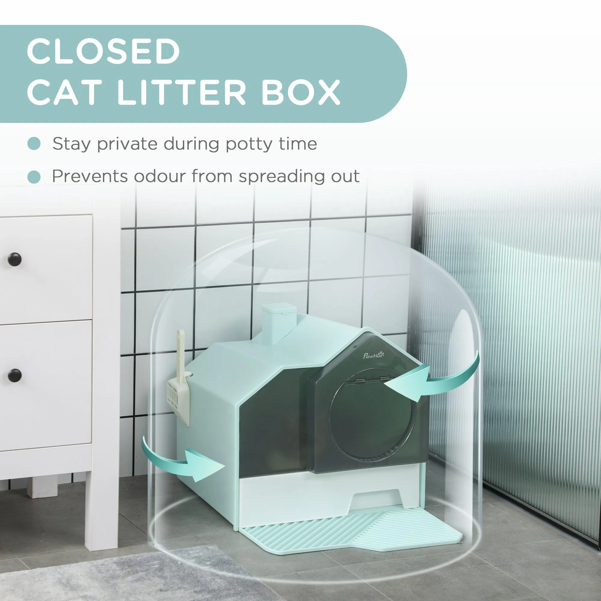 Light Blue Hooded Cat Litter Tray with Scoop