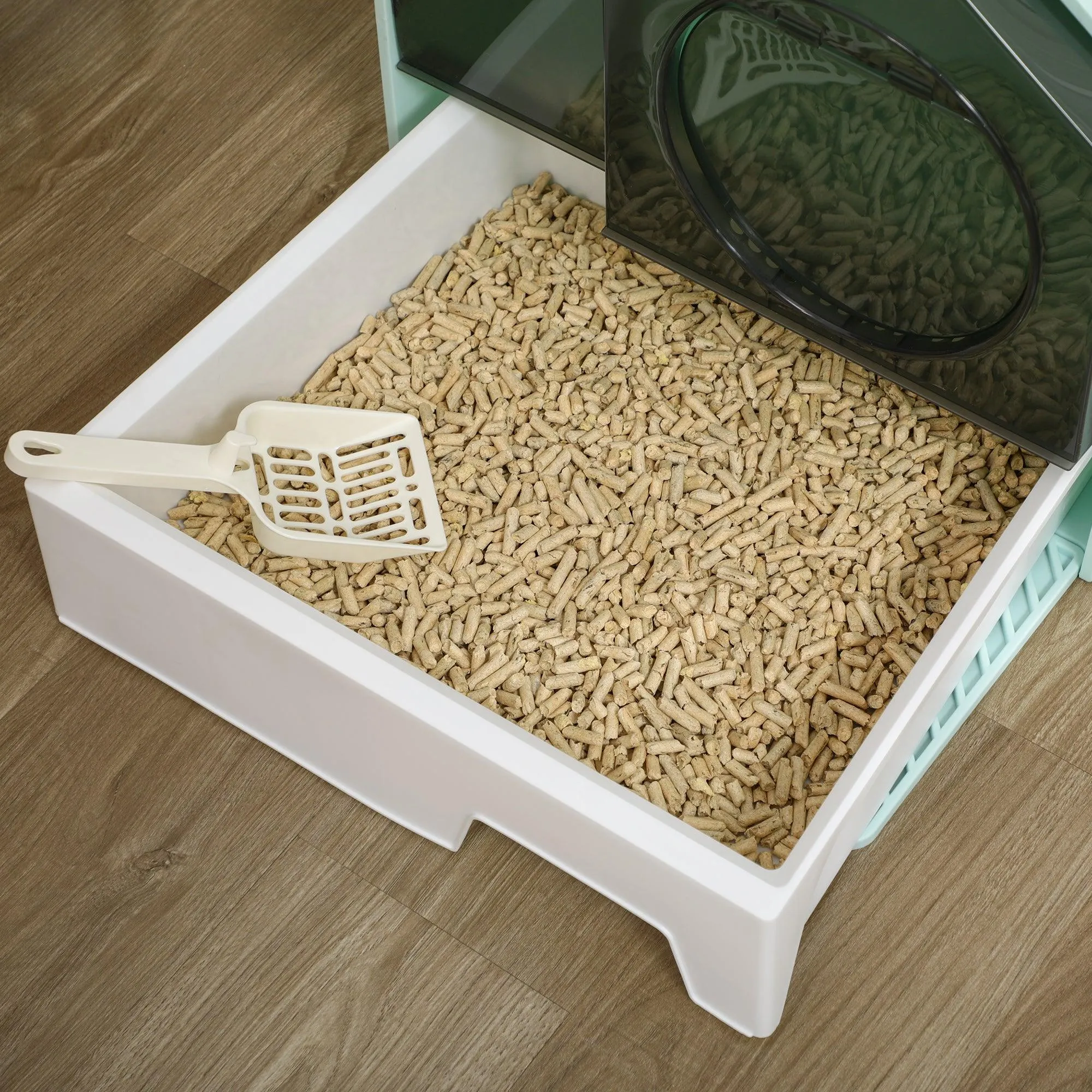 Light Blue Hooded Cat Litter Tray with Scoop