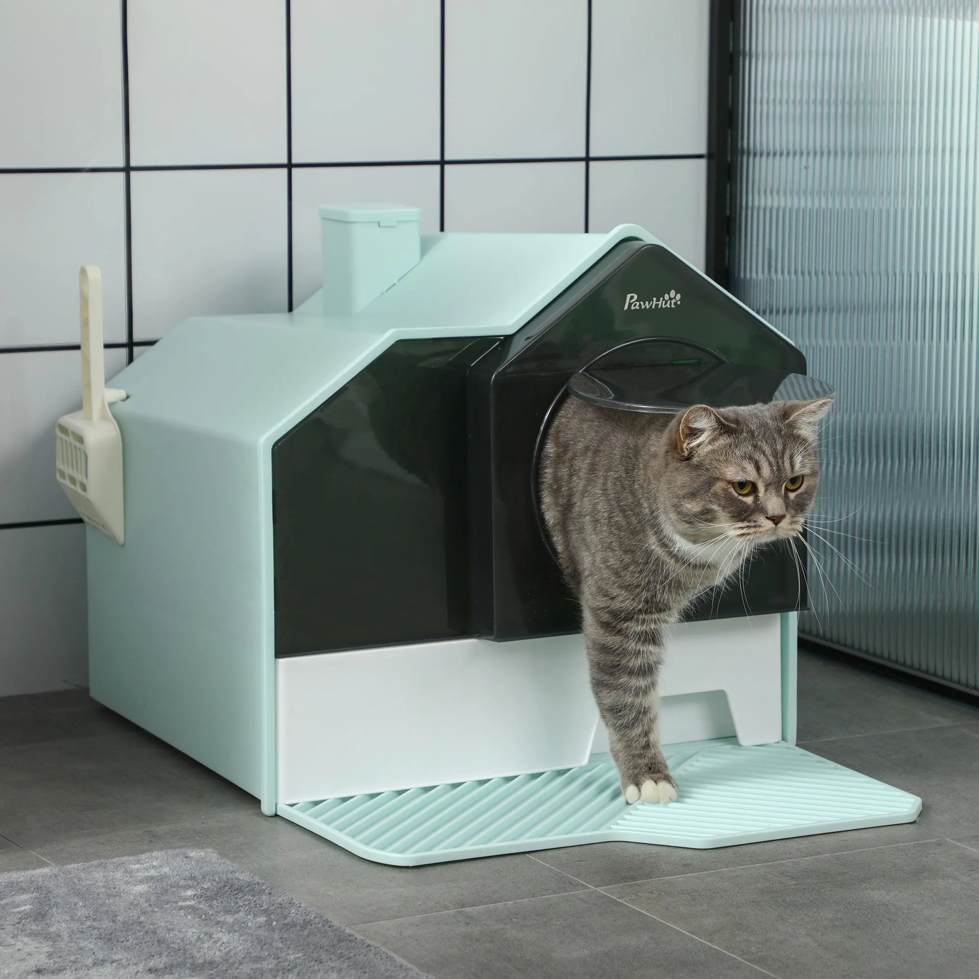 Light Blue Hooded Cat Litter Tray with Scoop