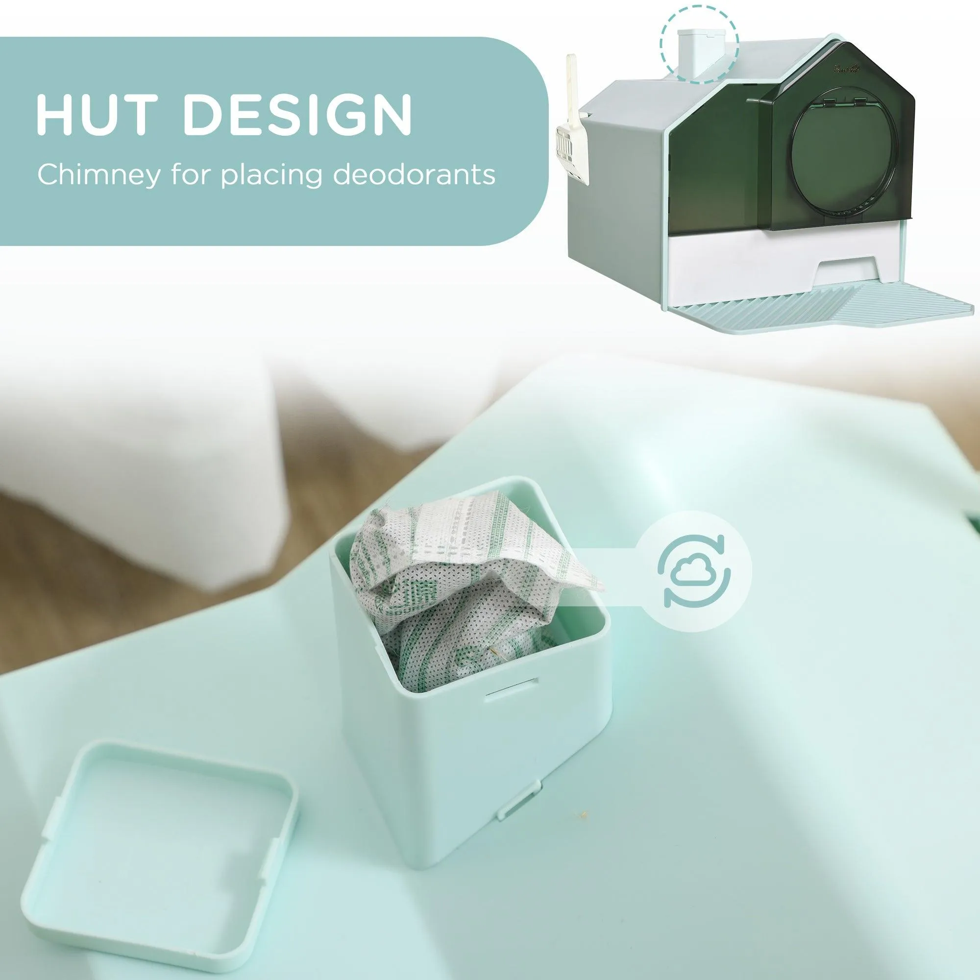 Light Blue Hooded Cat Litter Tray with Scoop