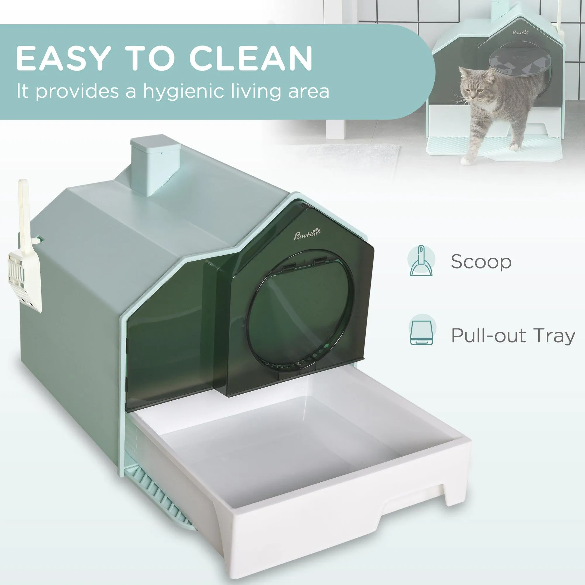 Light Blue Hooded Cat Litter Tray with Scoop