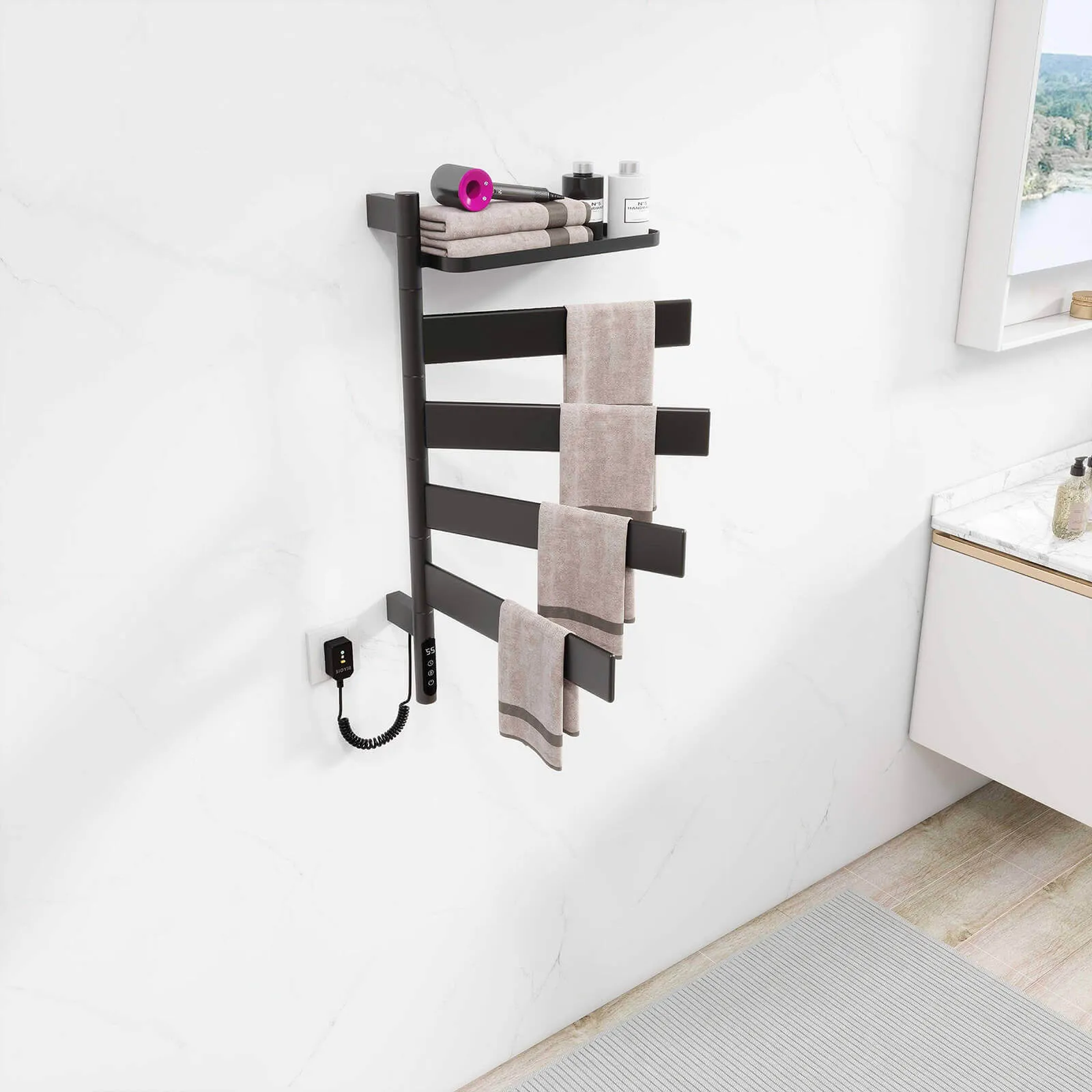 Matte Black Smart Towel Warmer with Timer Function