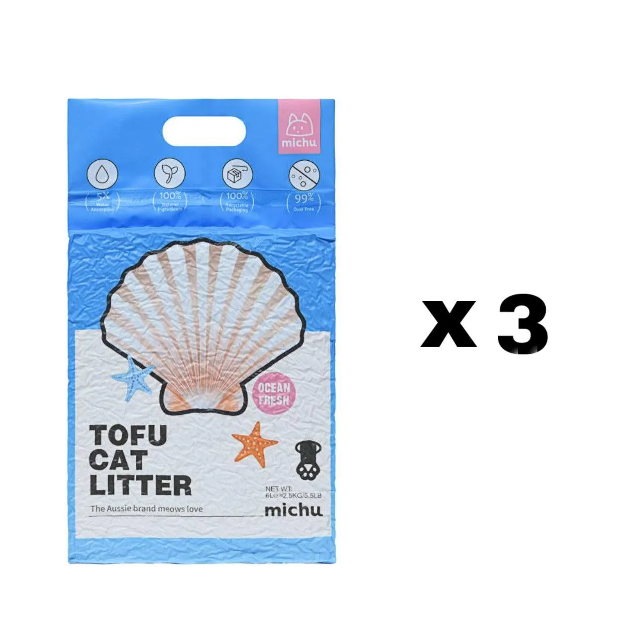 Michu Tofu Cat Litter Gen3 6L- Dust-Free and Natural Clumping Tofu-Based Formula for Easy Cleanup