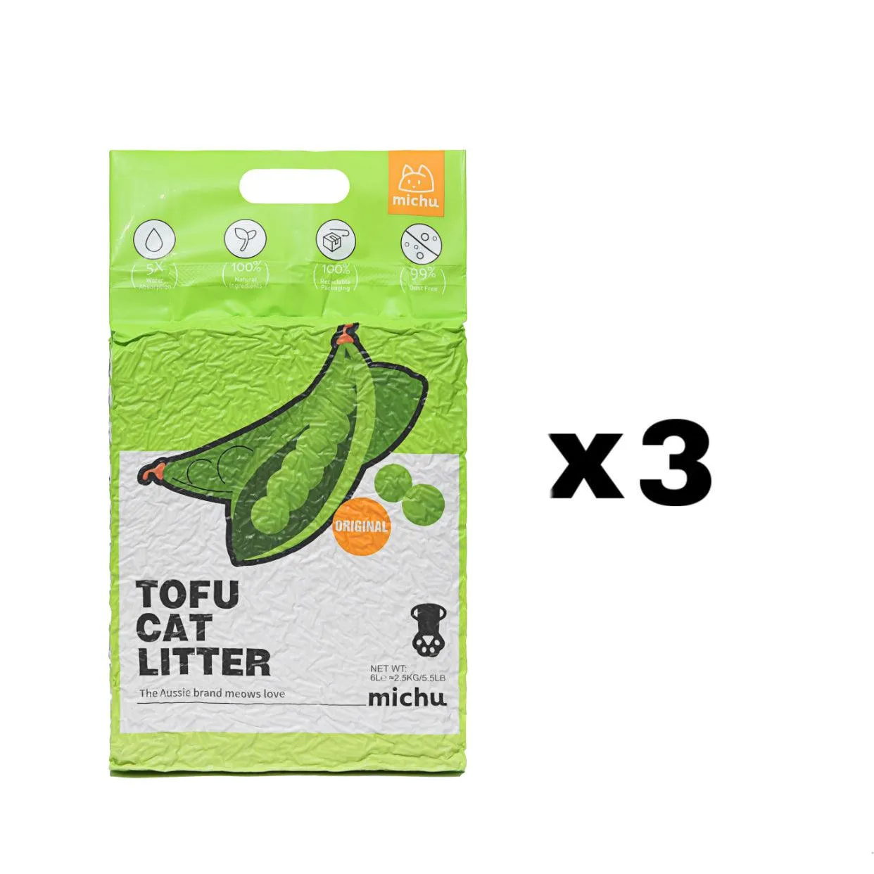 Michu Tofu Cat Litter Gen3 6L- Dust-Free and Natural Clumping Tofu-Based Formula for Easy Cleanup