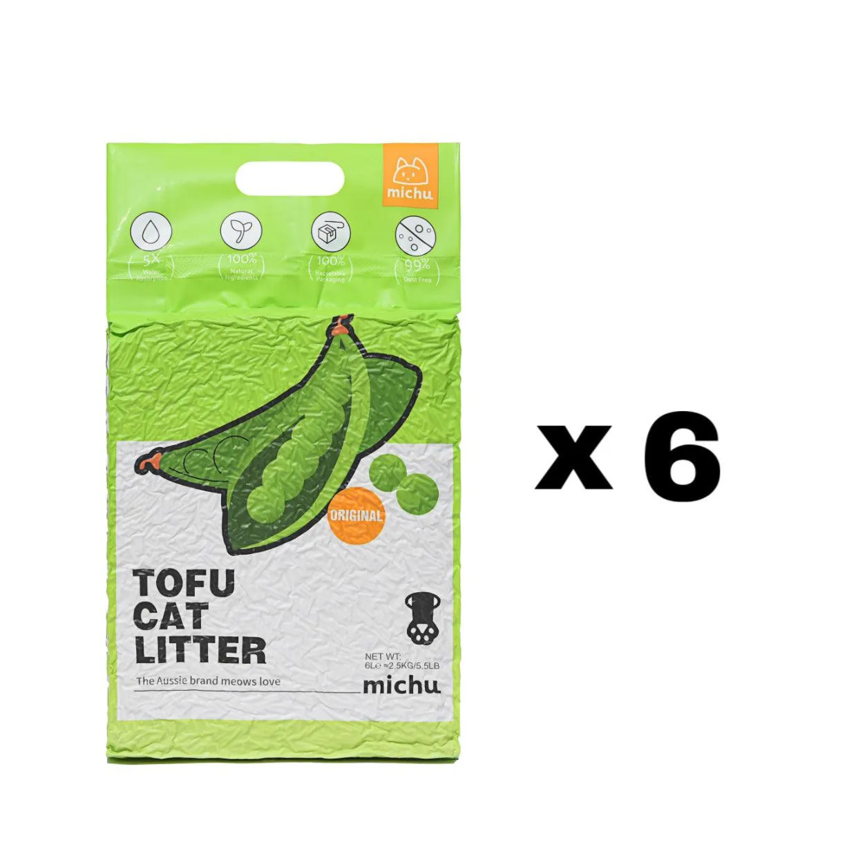 Michu Tofu Cat Litter Gen3 6L- Dust-Free and Natural Clumping Tofu-Based Formula for Easy Cleanup