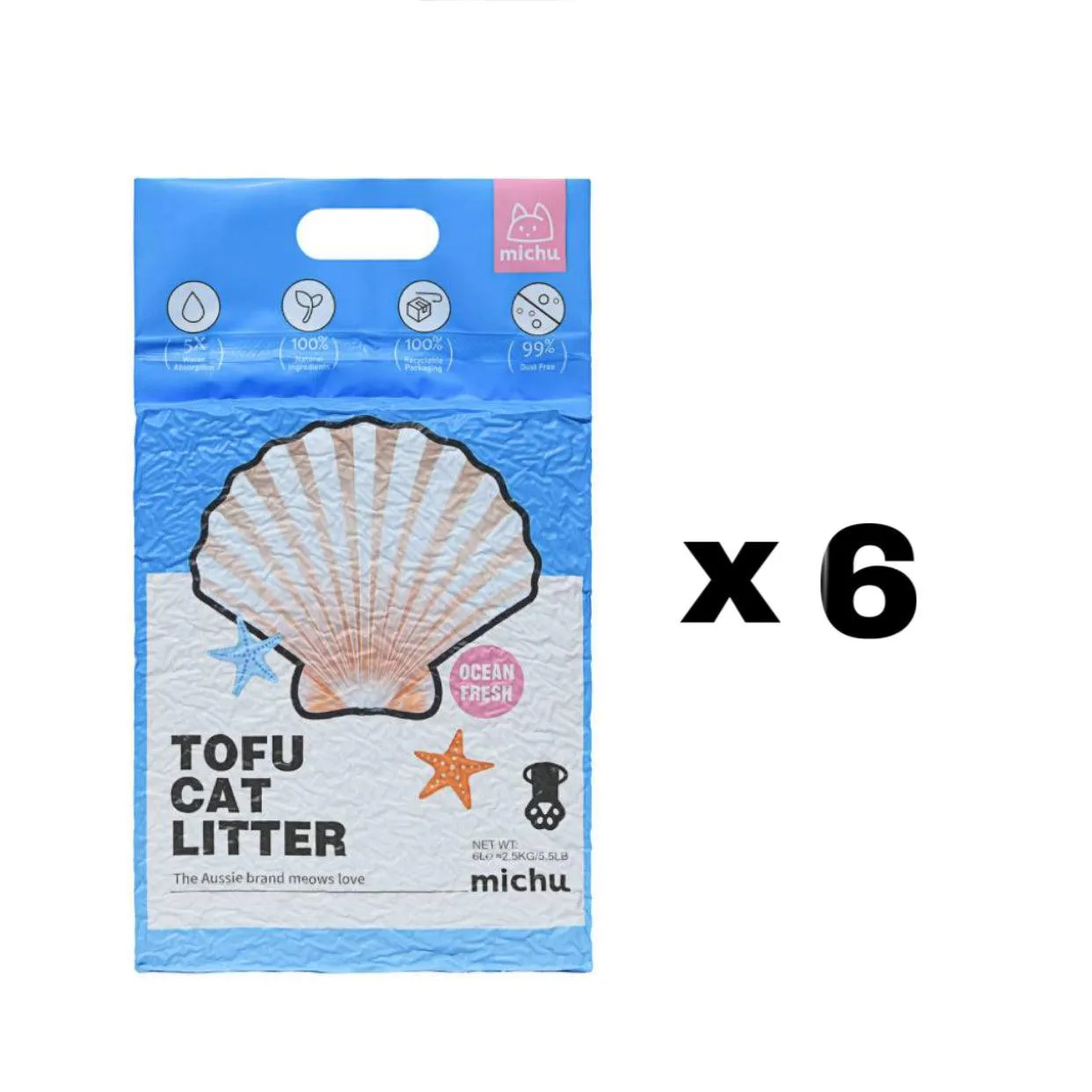 Michu Tofu Cat Litter Gen3 6L- Dust-Free and Natural Clumping Tofu-Based Formula for Easy Cleanup
