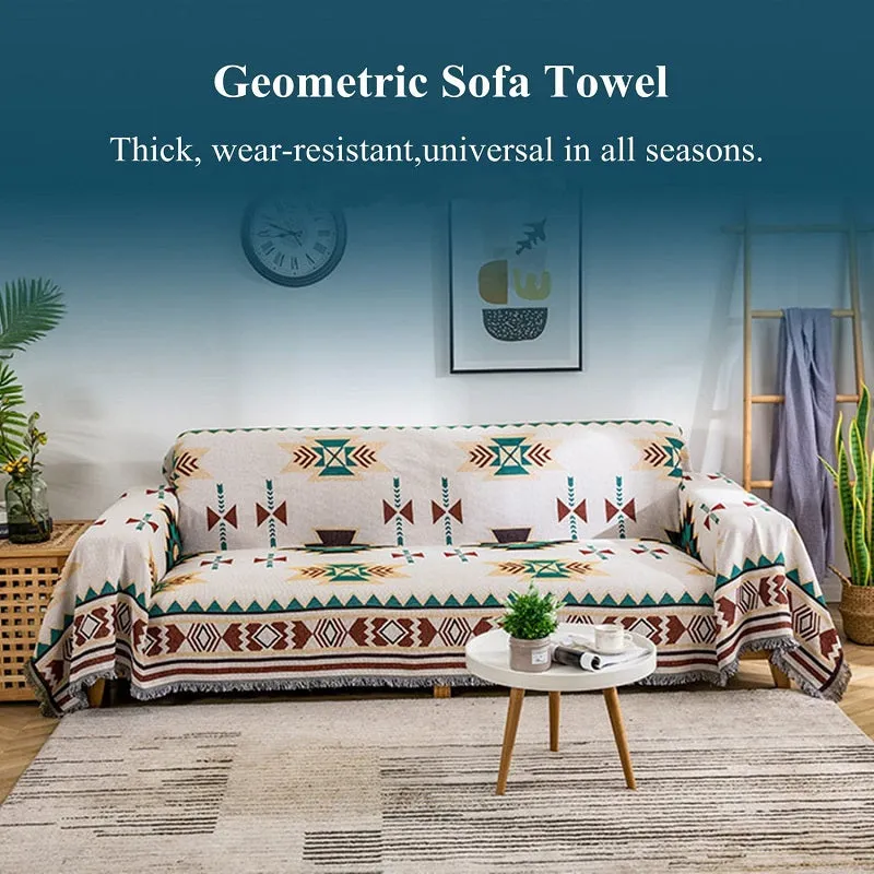 Multifunctional Large Size Geometric Sofa Blanket with Tassel