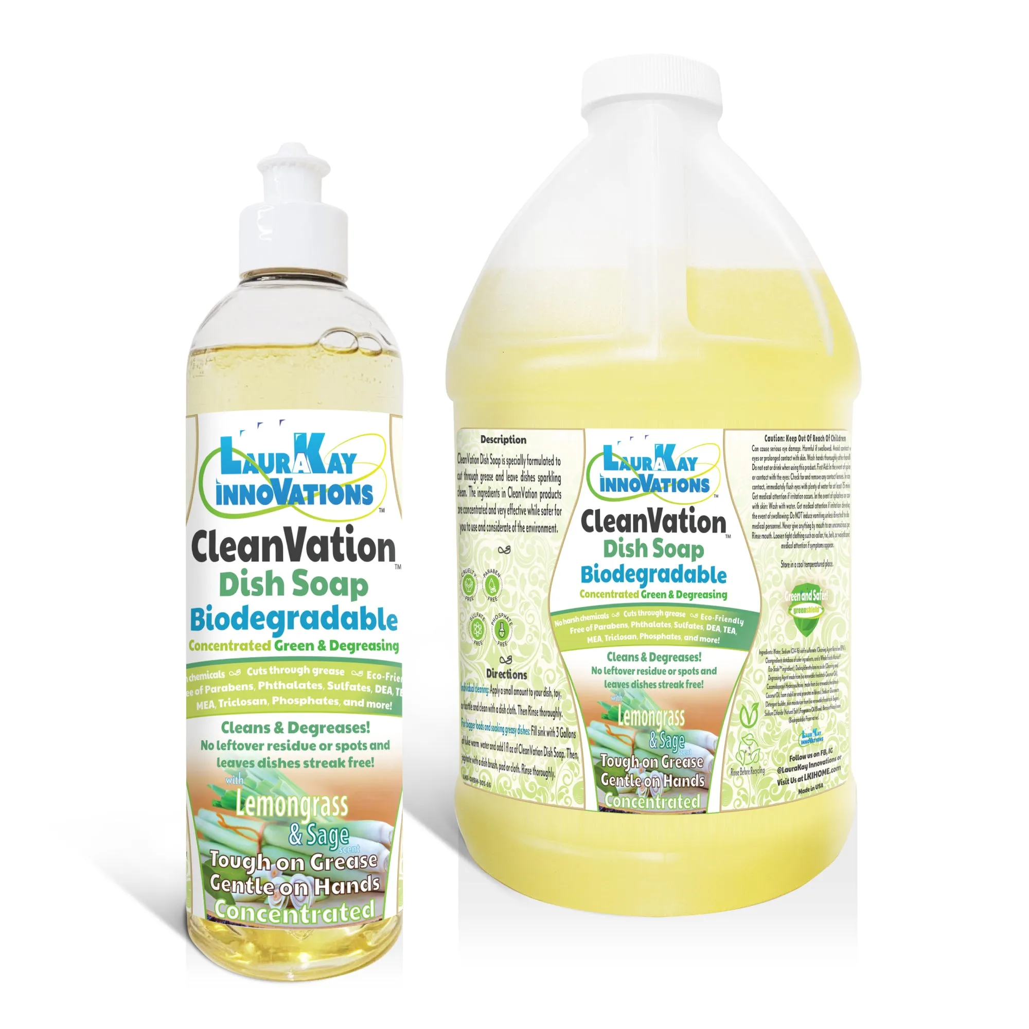Natural Dish Soap - CleanVation™ 16 fl oz with 64 fl oz Refill Bundle: Concentrated Biodegradable Green Premium Liquid Dish Soap