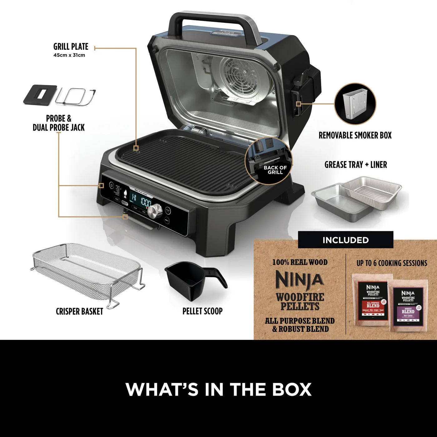 Ninja Woodfire Pro Connect XL Outdoor Electric BBQ Grill & Smoker - Black & Blue | OG901UK