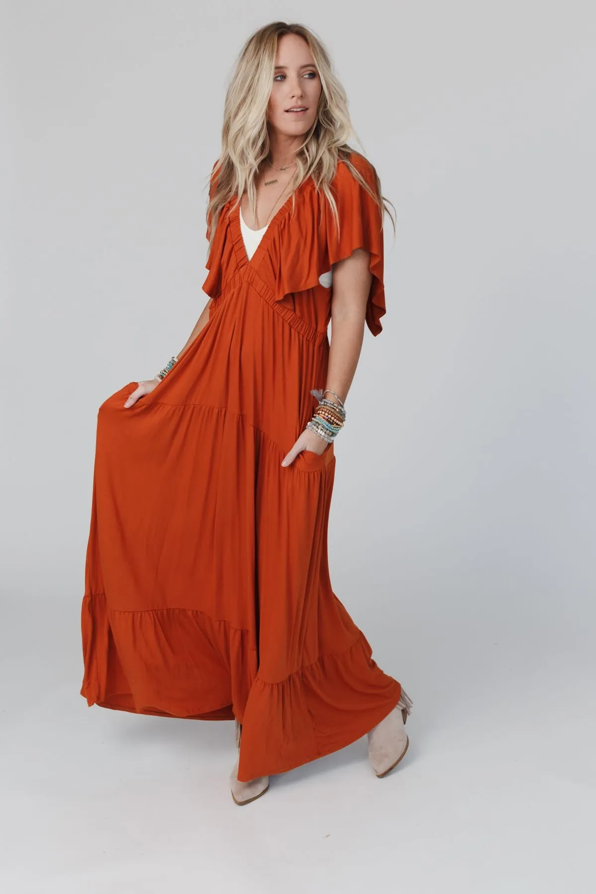 On Repeat Open Back Ruffle Maxi Dress - Spice