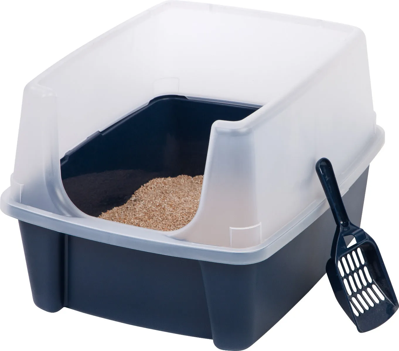 Open-Top Cat Litter Box with Shield and Scoop, Navy