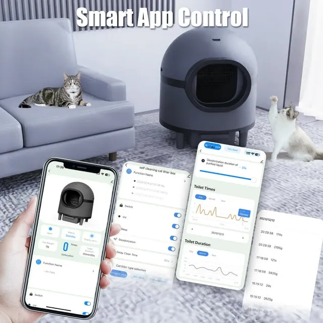 PET021 Safety Protection Self Cleaning Litter Box for Multiple Cats with Deodorizer & Mat & Liner, Double Odor Removal