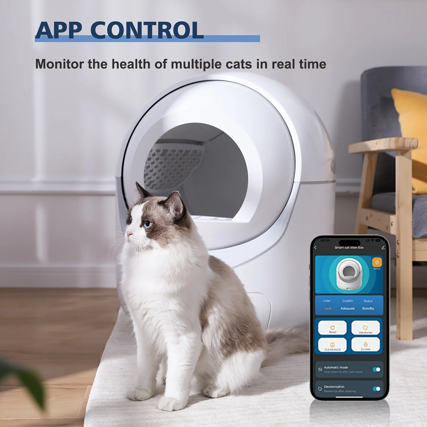 Self-Cleaning Cat Litter Box with Mat & Liners, 70L Capacity, APP-Controlled, Ideal for Multiple Cats - White