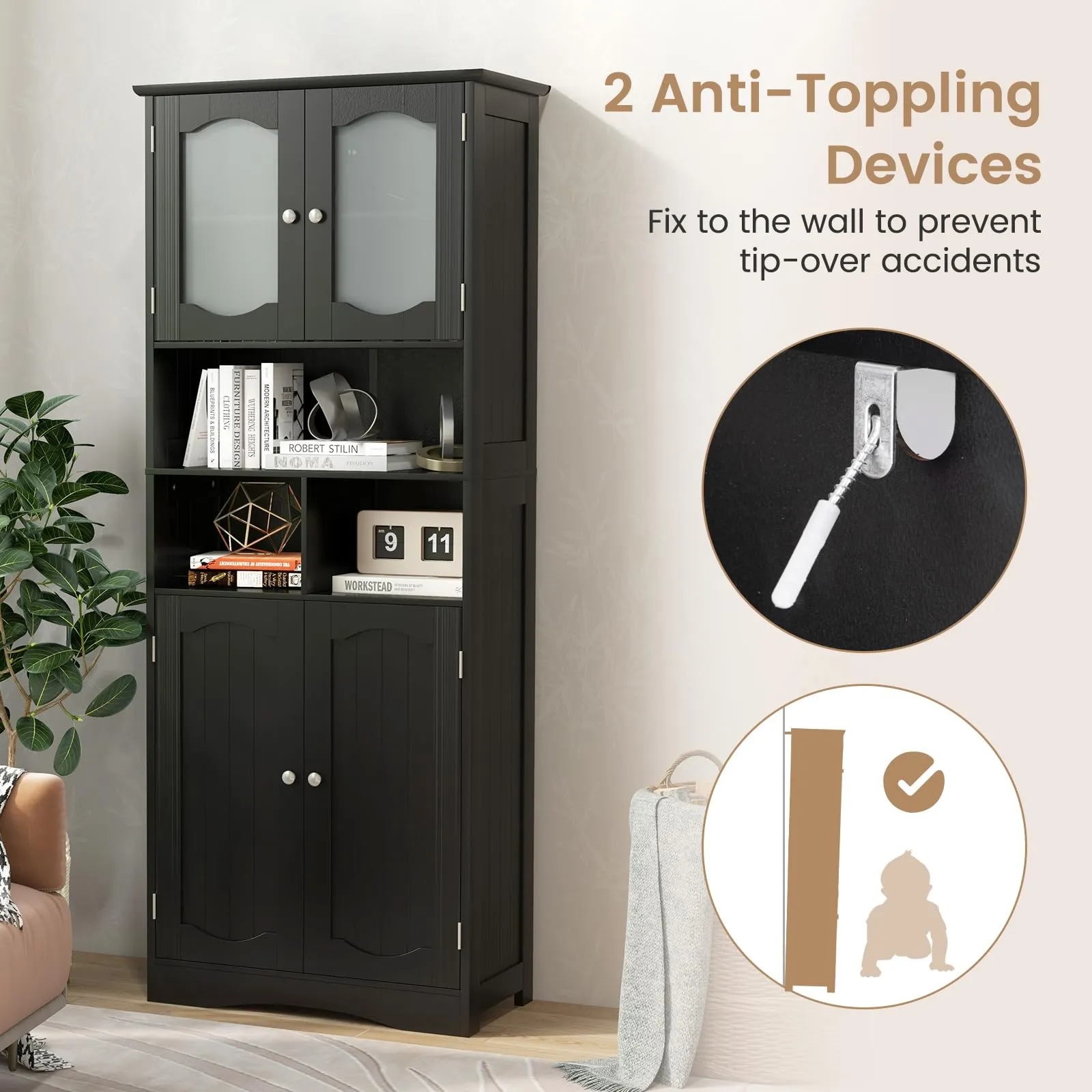 Tangkula 58.5" Tall Bathroom Storage Cabinet, Freestanding Linen Cabinet with Frost Glass Doors and Shelves