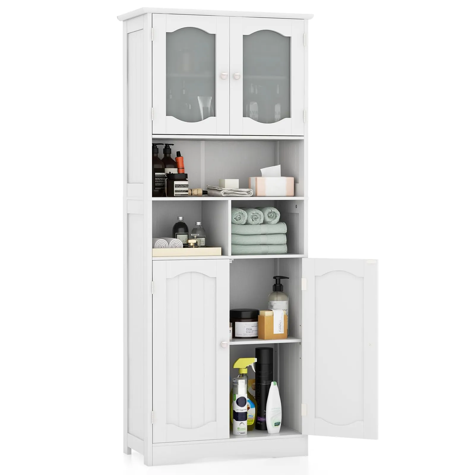 Tangkula 58.5" Tall Bathroom Storage Cabinet, Freestanding Linen Cabinet with Frost Glass Doors and Shelves