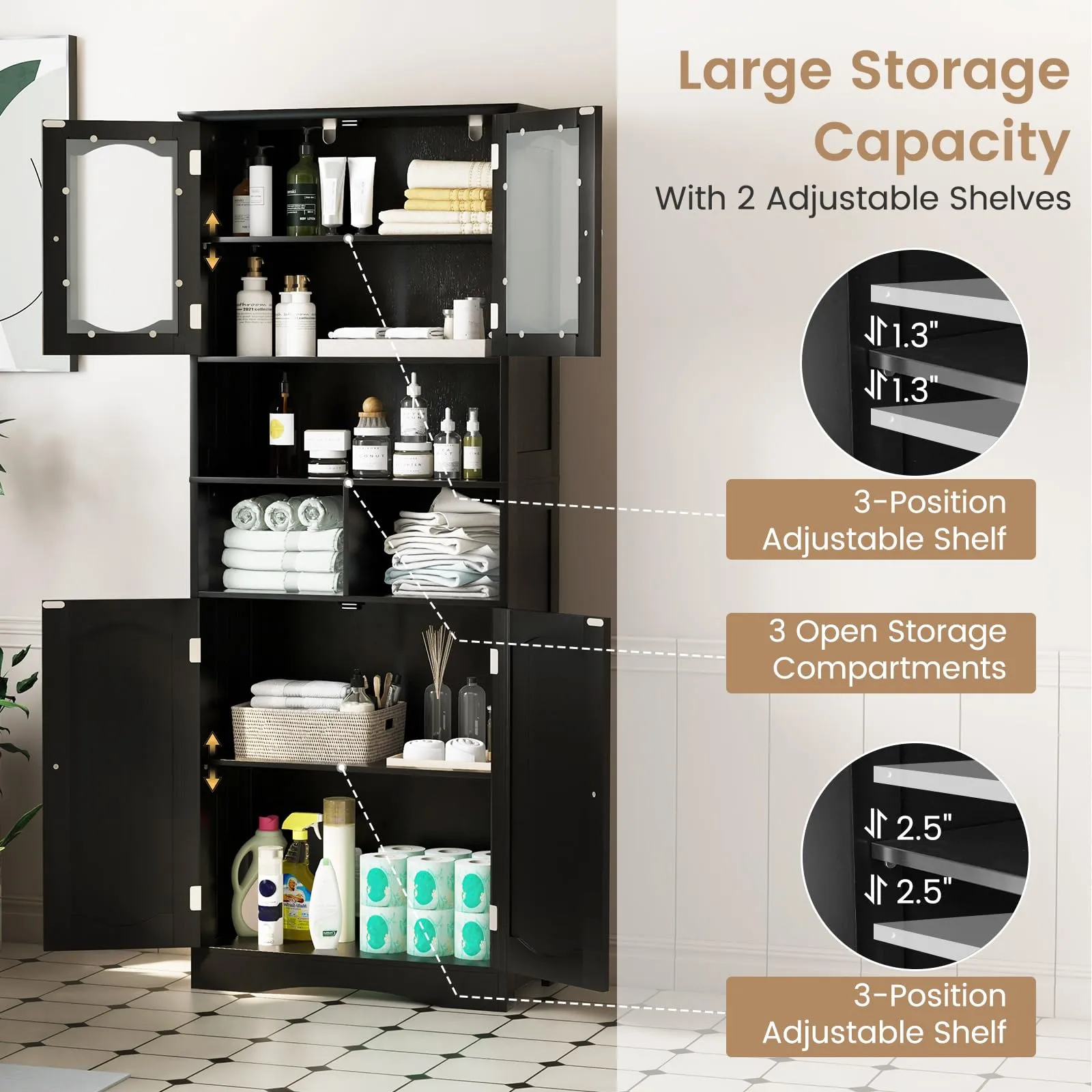 Tangkula 58.5" Tall Bathroom Storage Cabinet, Freestanding Linen Cabinet with Frost Glass Doors and Shelves
