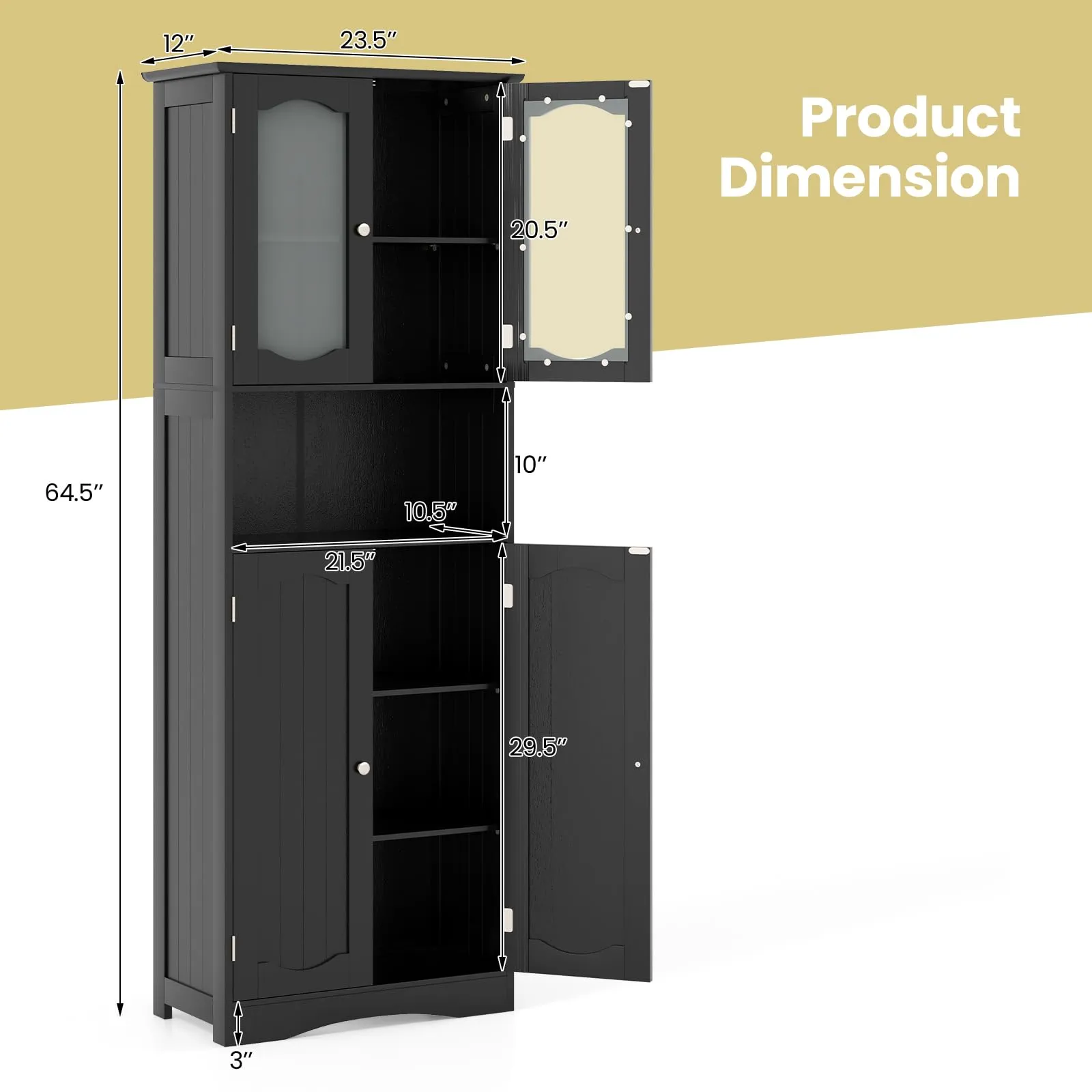 Tangkula 64.5" Tall Bathroom Storage Cabinet, Freestanding Linen Cabinet with Frost Glass Doors and Shelves