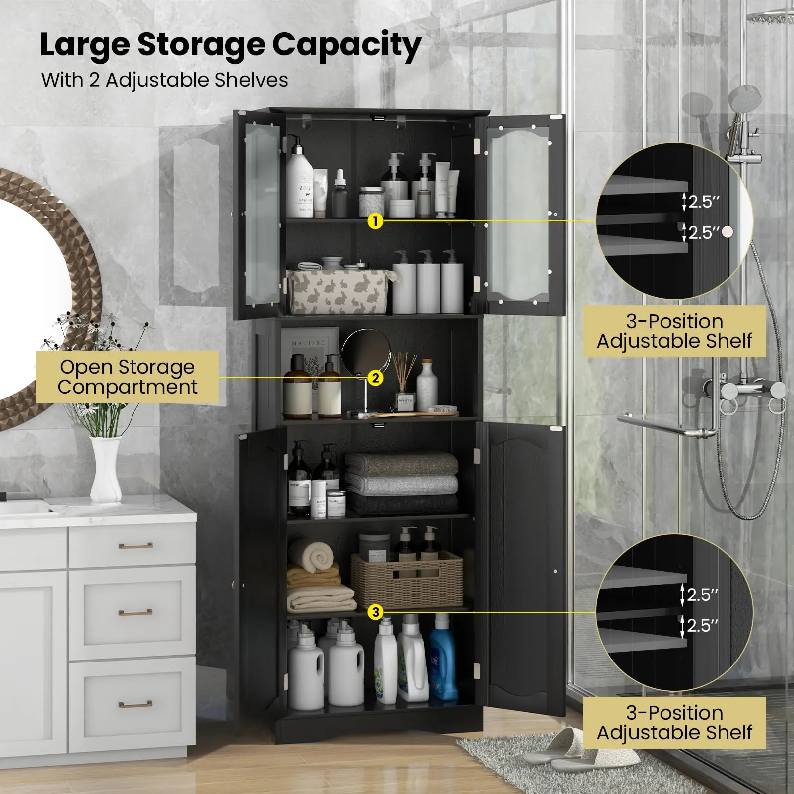 Tangkula 64.5" Tall Bathroom Storage Cabinet, Freestanding Linen Cabinet with Frost Glass Doors and Shelves