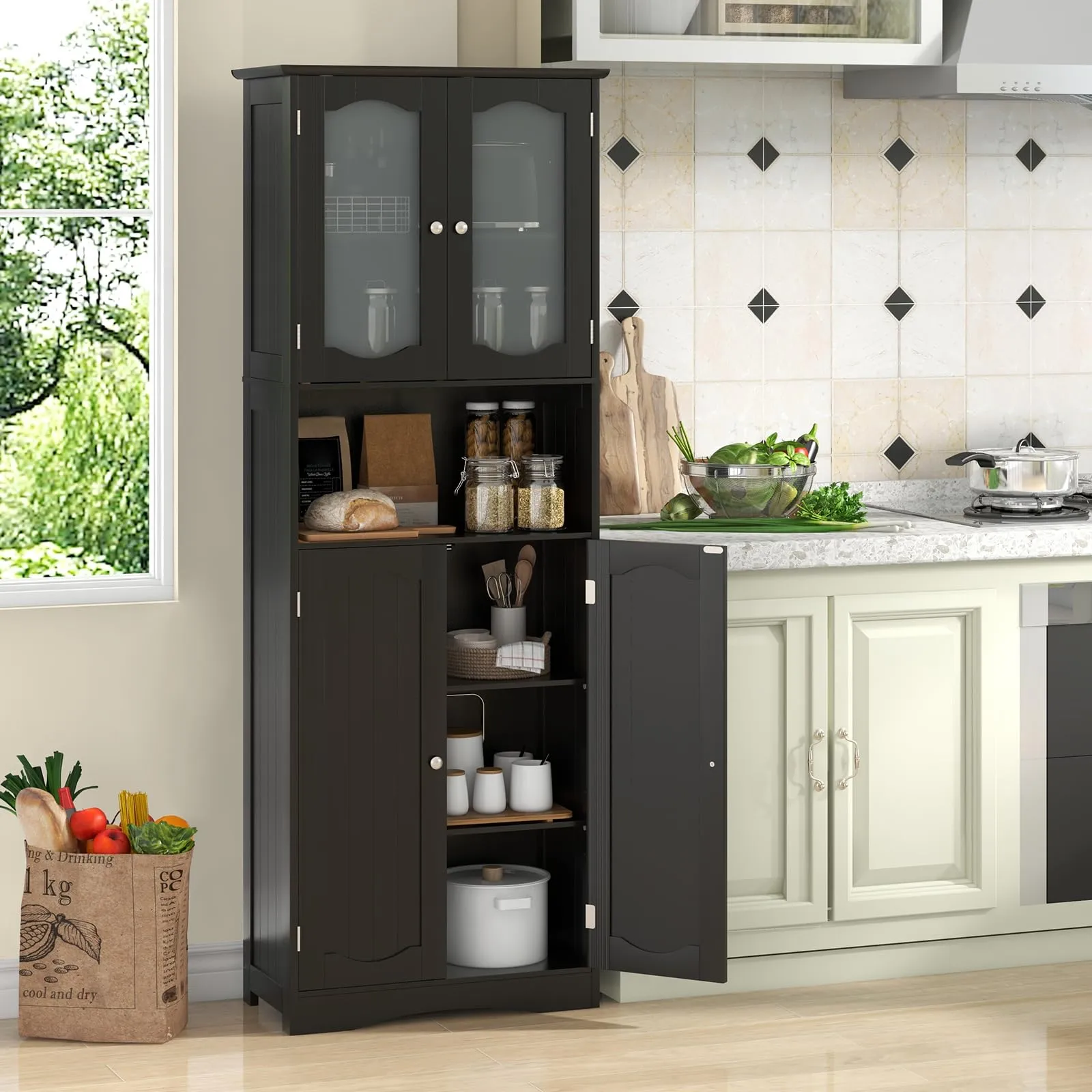 Tangkula 64.5" Tall Bathroom Storage Cabinet, Freestanding Linen Cabinet with Frost Glass Doors and Shelves