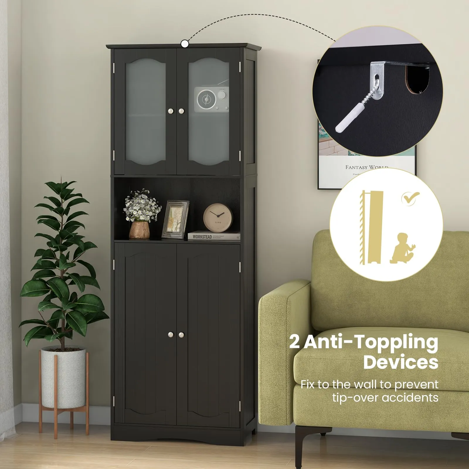 Tangkula 64.5" Tall Bathroom Storage Cabinet, Freestanding Linen Cabinet with Frost Glass Doors and Shelves