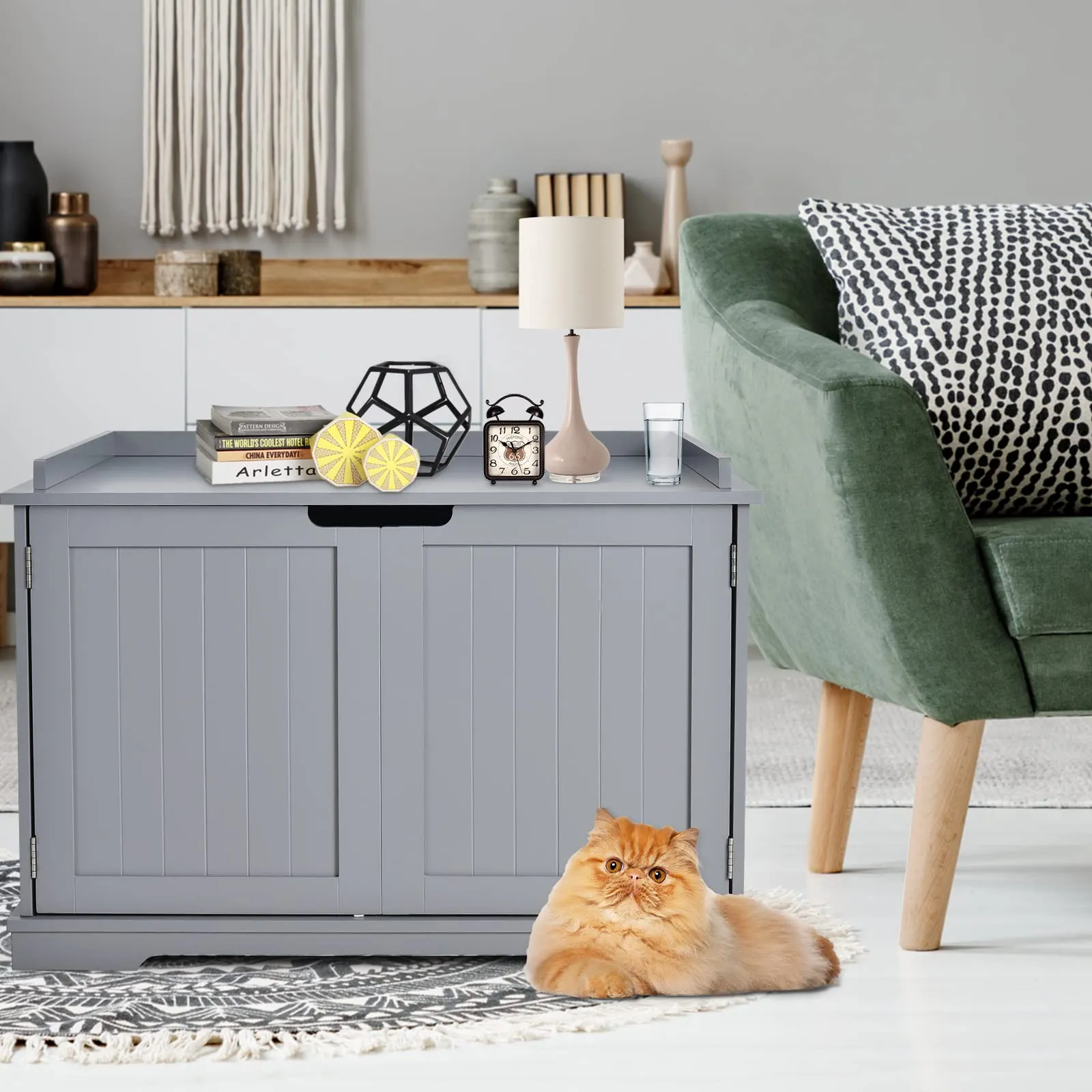 Tangkula Litter Box Enclosure, Cat Litter Box Furniture Hidden, Nightstand Pet House with Double Doors