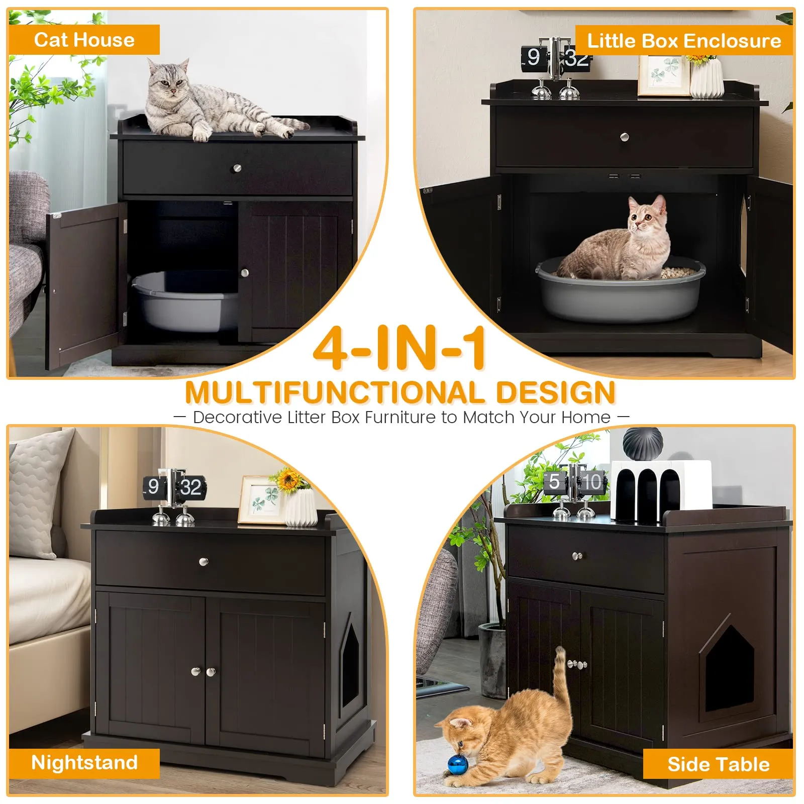 Tangkula Litter Box Enclosure, Cat Litter Box Furniture Hidden with Large Drawer, 2 Doors