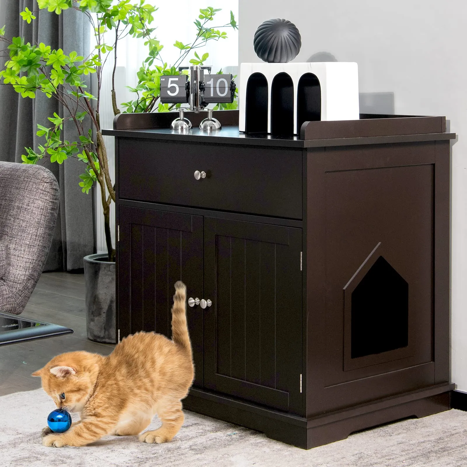Tangkula Litter Box Enclosure, Cat Litter Box Furniture Hidden with Large Drawer, 2 Doors