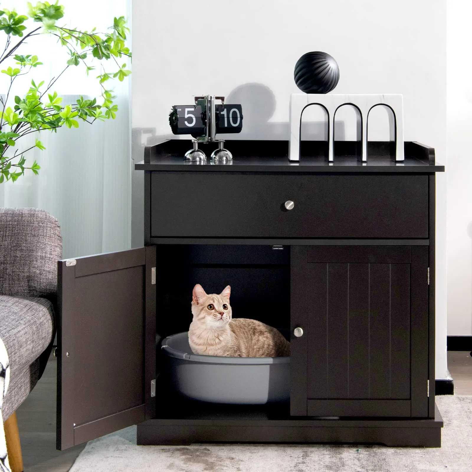 Tangkula Litter Box Enclosure, Cat Litter Box Furniture Hidden with Large Drawer, 2 Doors