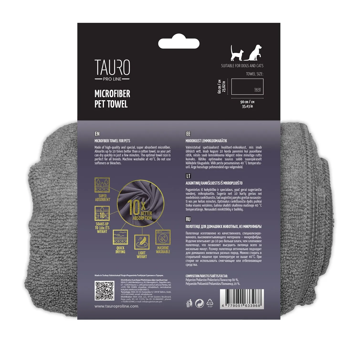 Tauro Pro Line microfiber towel for pets, grey