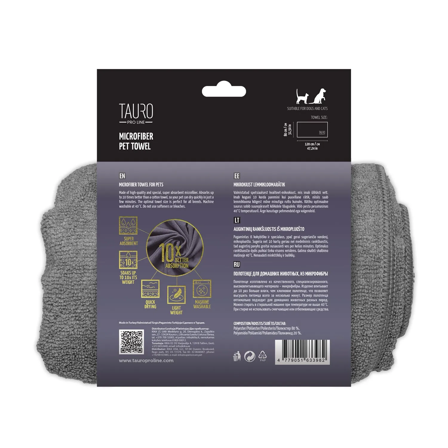 Tauro Pro Line microfiber towel for pets, grey