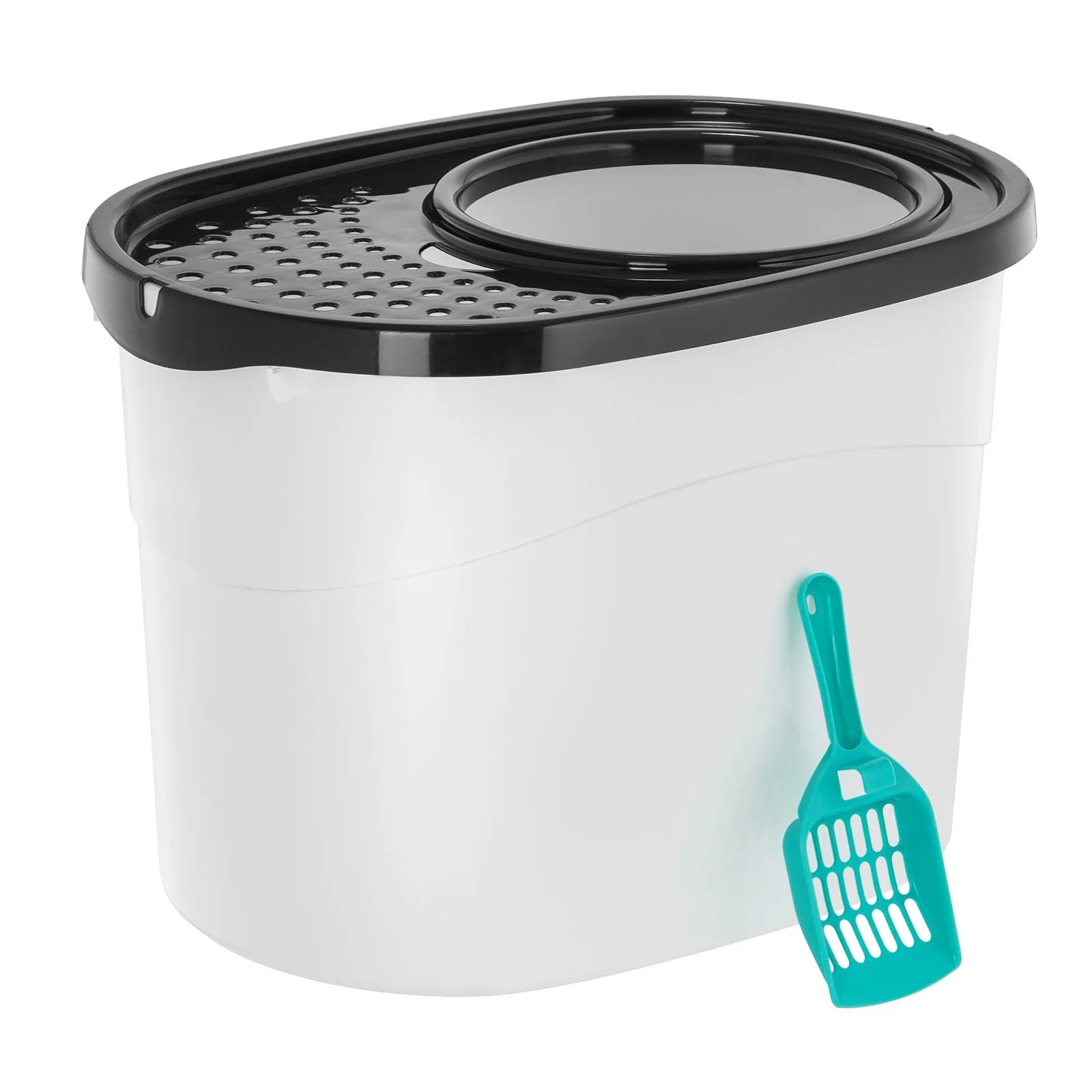 Top Entry Cat Litter Box with Scoop, White/Black/Seafoam